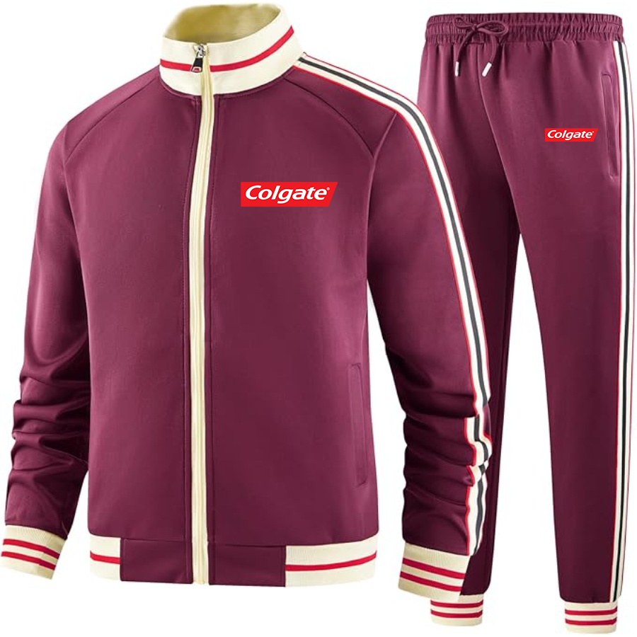 Men's  Colgate Two-Piece Designer Tracksuit with Bold Striped Accents and Zippered Front Elevated Athletic Wear