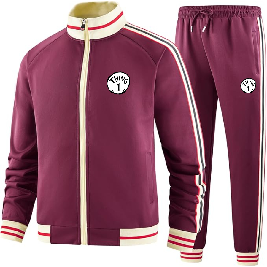 Men's Dr. Suess Thing 1  Premium Two-Piece Designer Tracksuit with Bold Striped Accents and Zippered Front Elevated Athletic Wear