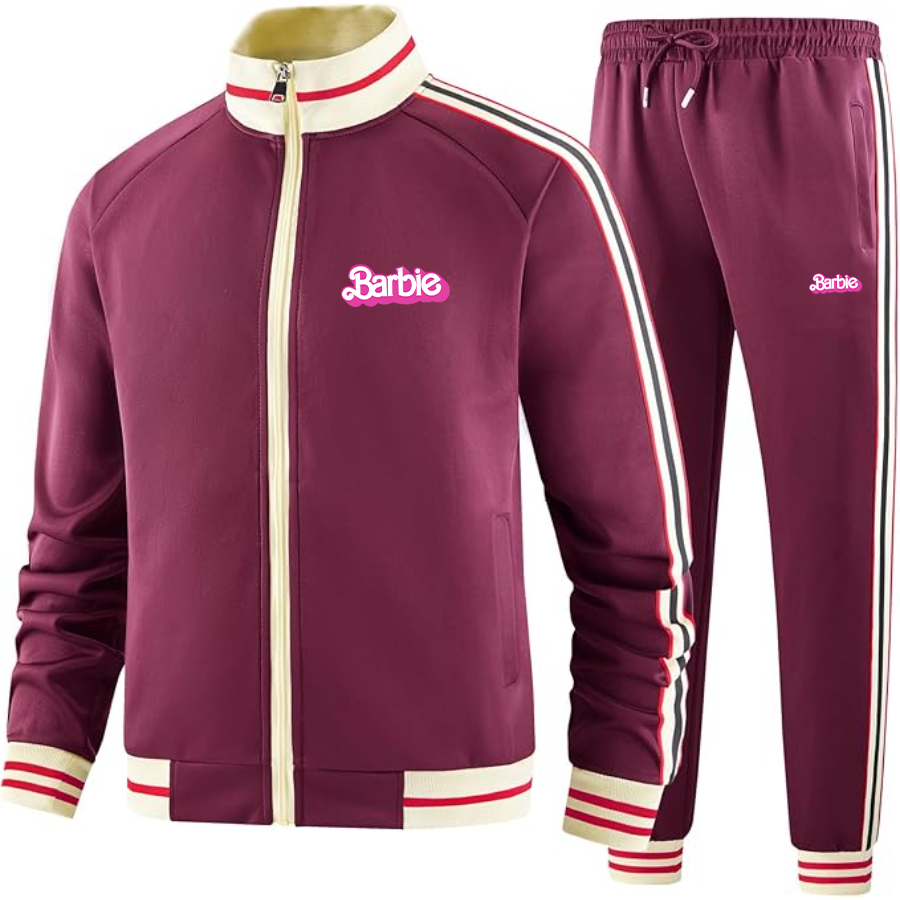 Men's Barbie Premium Two-Piece Designer Tracksuit with Bold Striped Accents and Zippered Front Elevated Athletic Wear