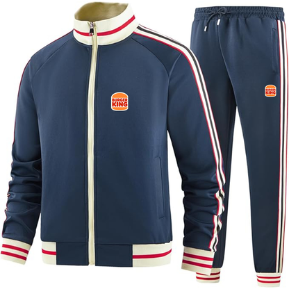 Men's Burger King Premium Two-Piece Designer Tracksuit with Bold Striped Accents and Zippered Front Elevated Athletic Wear