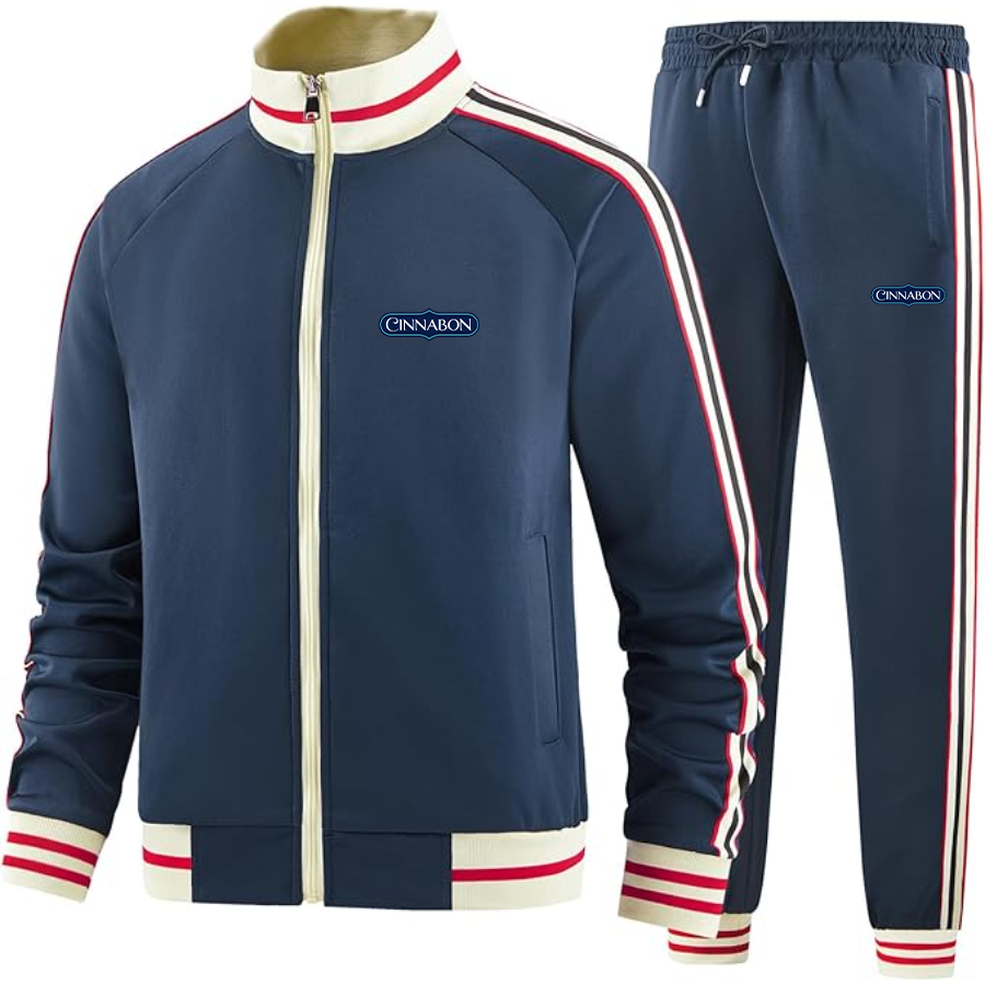 Men's Cinnabon Premium Two-Piece Designer Tracksuit with Bold Striped Accents and Zippered Front Elevated Athletic Wear