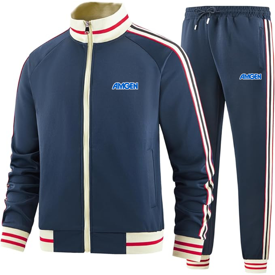 Men's  Amgen Two-Piece Designer Tracksuit with Bold Striped Accents and Zippered Front Elevated Athletic Wear