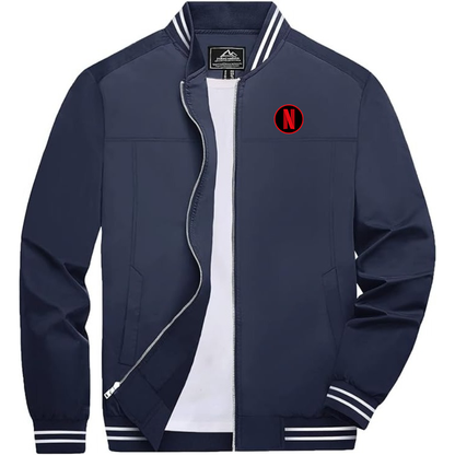 Men's Netflix Lightweight Zip-Up Bomber Jacket with Ribbed Collar and Cuffs Versatile Casual Outerwear