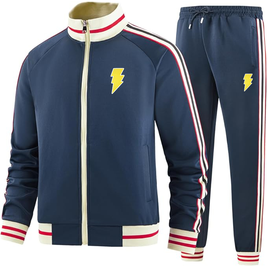 Men's Black Adam Two-Piece Designer Tracksuit with Bold Striped Accents and Zippered Front Elevated Athletic Wear