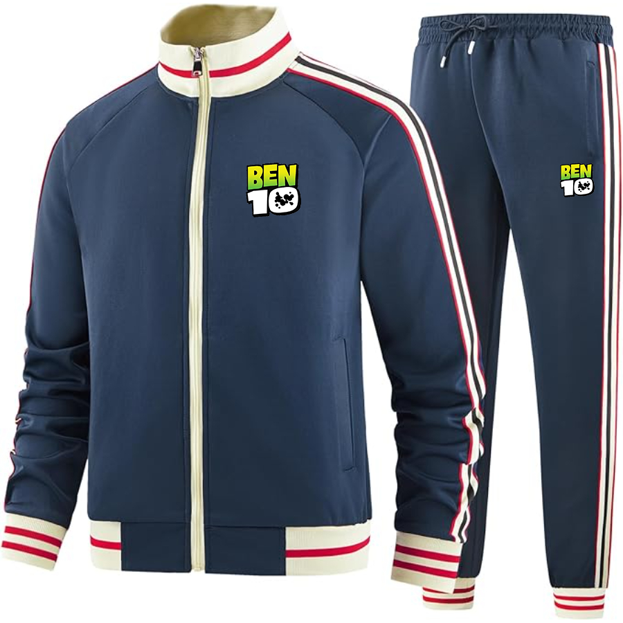 Men's Ben 10 Premium Two-Piece Designer Tracksuit with Bold Striped Accents and Zippered Front Elevated Athletic Wear