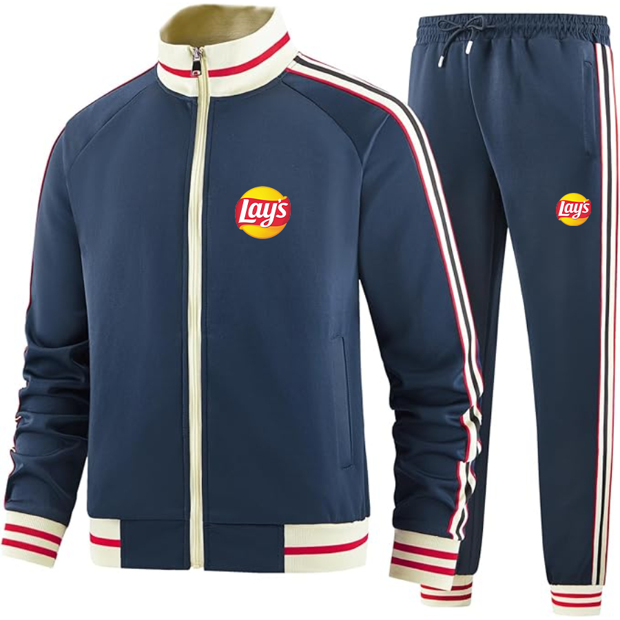 Men's Lays Premium Two-Piece Designer Tracksuit with Bold Striped Accents and Zippered Front Elevated Athletic Wear