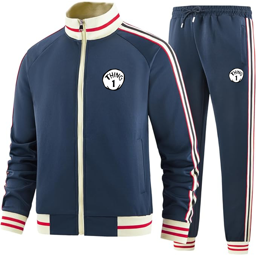 Men's Dr. Suess Thing 1  Premium Two-Piece Designer Tracksuit with Bold Striped Accents and Zippered Front Elevated Athletic Wear