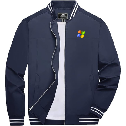 Men's Microsoft Lightweight Zip-Up Bomber Jacket with Ribbed Collar and Cuffs Versatile Casual Outerwear