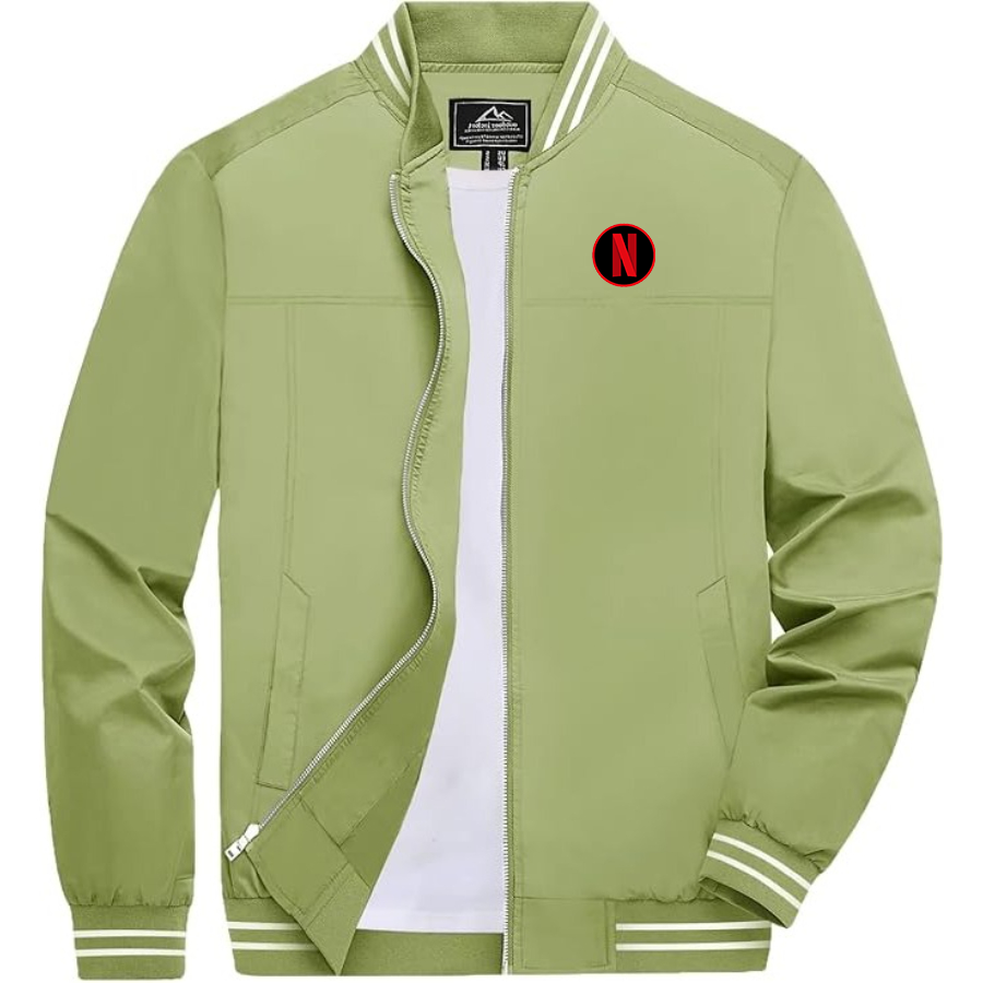 Men's Netflix Lightweight Zip-Up Bomber Jacket with Ribbed Collar and Cuffs Versatile Casual Outerwear