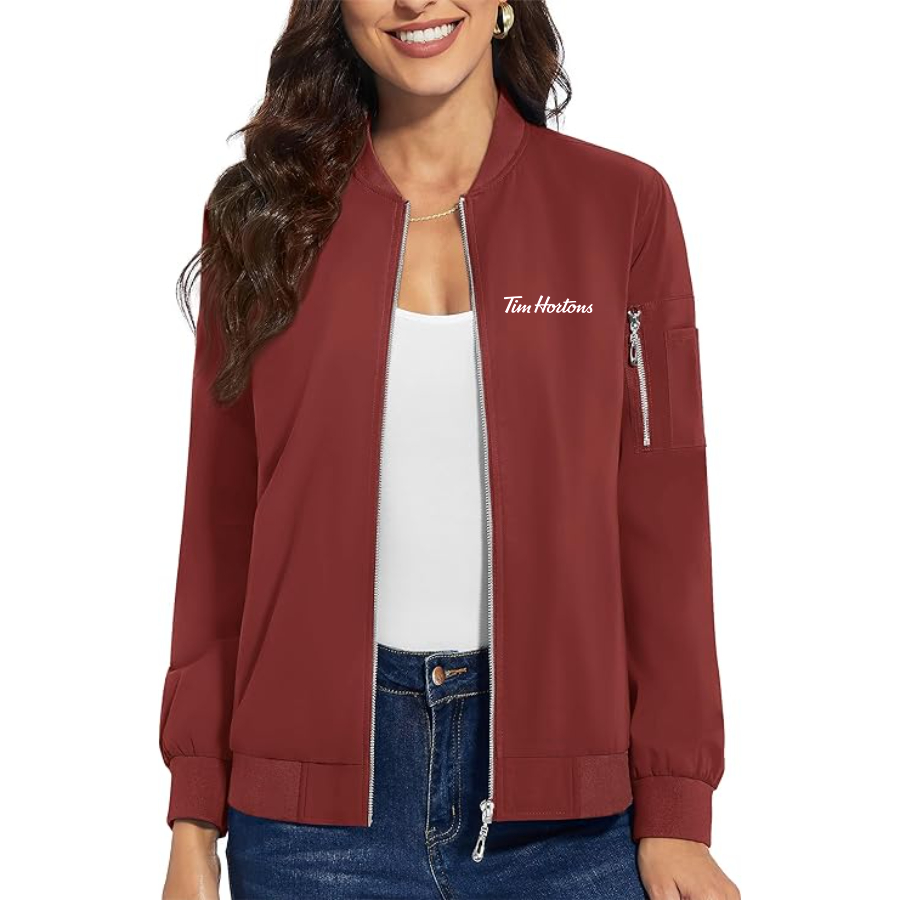 Women's Tim Hortons Premium Bomber Jacket with Polished Detailing and Functional Sleeve Pocket Modern Luxury Outerwear