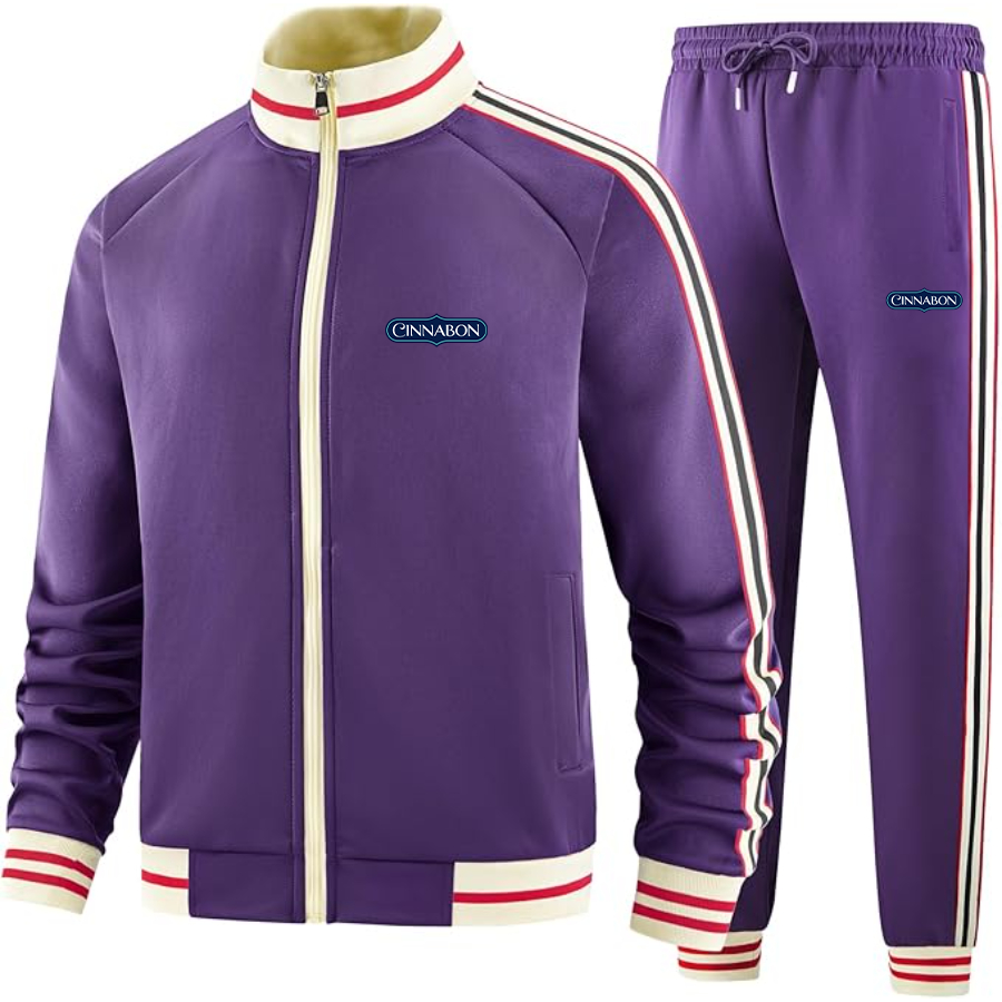 Men's Cinnabon Premium Two-Piece Designer Tracksuit with Bold Striped Accents and Zippered Front Elevated Athletic Wear