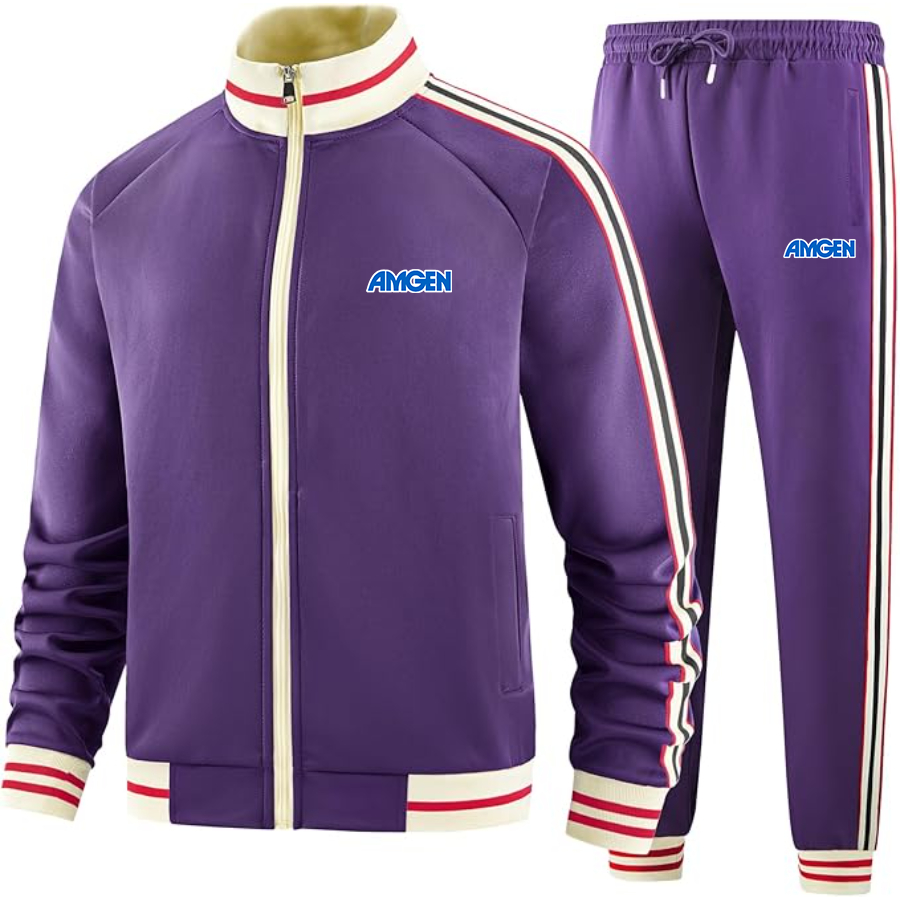 Men's  Amgen Two-Piece Designer Tracksuit with Bold Striped Accents and Zippered Front Elevated Athletic Wear