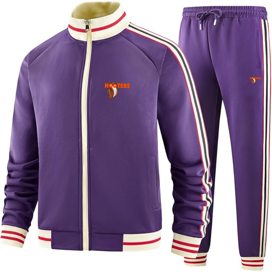 Hooters Two-Piece Designer Tracksuit with Bold Striped Accents and Zippered Front Elevated Athletic Wear