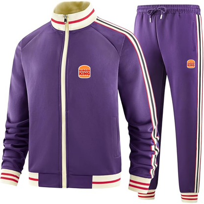 Men's Burger King Premium Two-Piece Designer Tracksuit with Bold Striped Accents and Zippered Front Elevated Athletic Wear