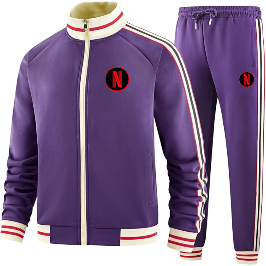 Men's Netflix Premium Two-Piece Designer Tracksuit with Bold Striped Accents and Zippered Front Elevated Athletic Wear