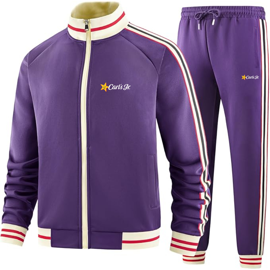 Men's Carl's Jr Premium Two-Piece Designer Tracksuit with Bold Striped Accents and Zippered Front Elevated Athletic Wear