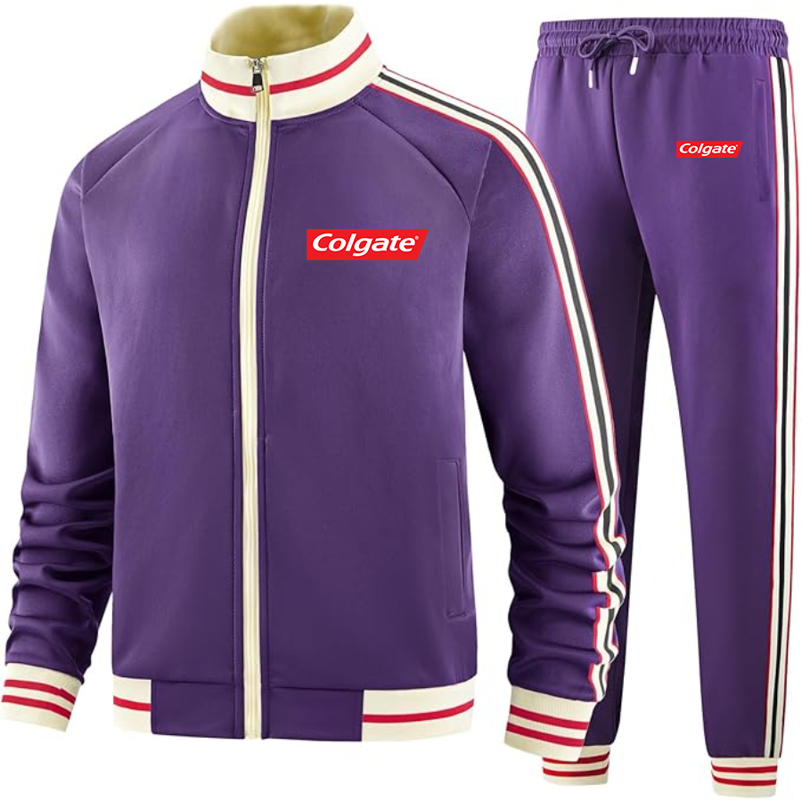 Men's  Colgate Two-Piece Designer Tracksuit with Bold Striped Accents and Zippered Front Elevated Athletic Wear