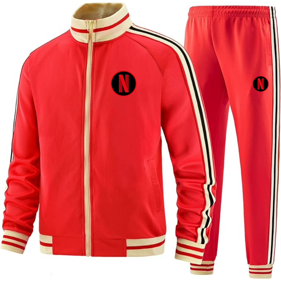 Men's Netflix Premium Two-Piece Designer Tracksuit with Bold Striped Accents and Zippered Front Elevated Athletic Wear