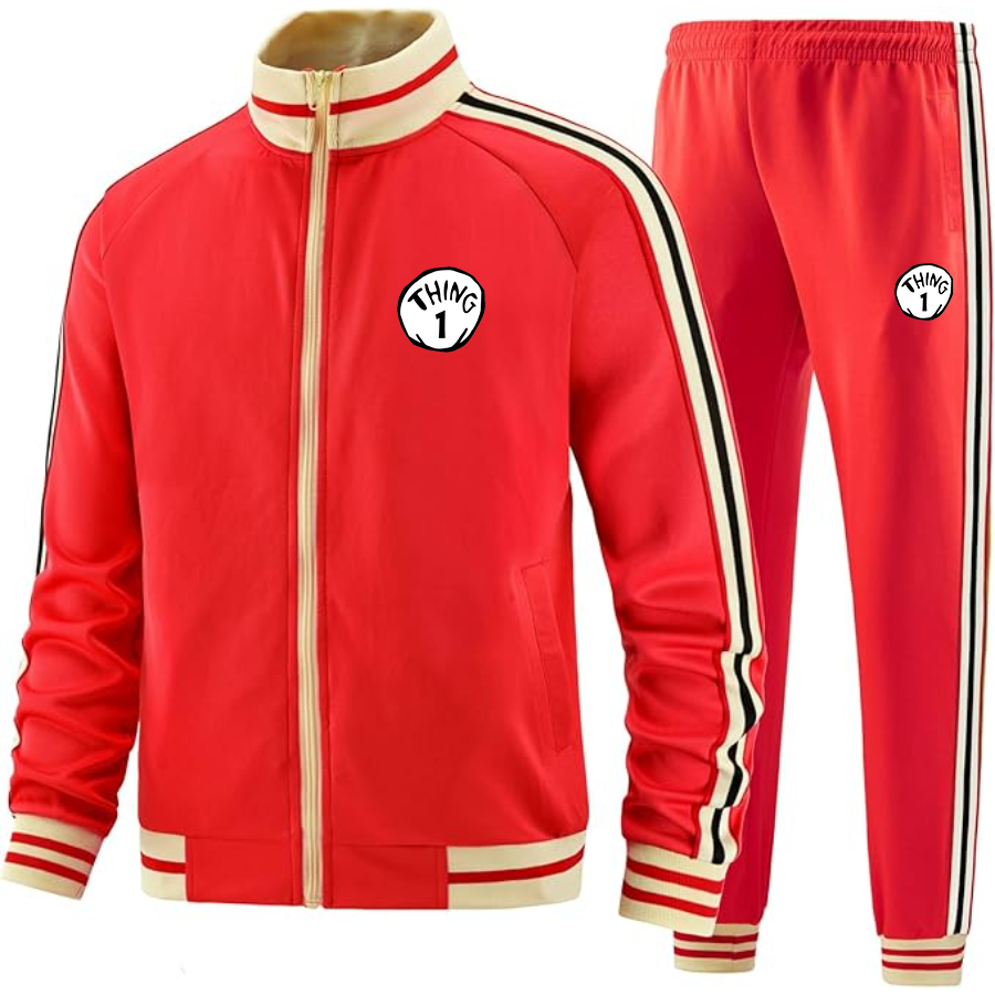 Men's Dr. Suess Thing 1  Premium Two-Piece Designer Tracksuit with Bold Striped Accents and Zippered Front Elevated Athletic Wear