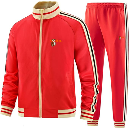 Hooters Two-Piece Designer Tracksuit with Bold Striped Accents and Zippered Front Elevated Athletic Wear