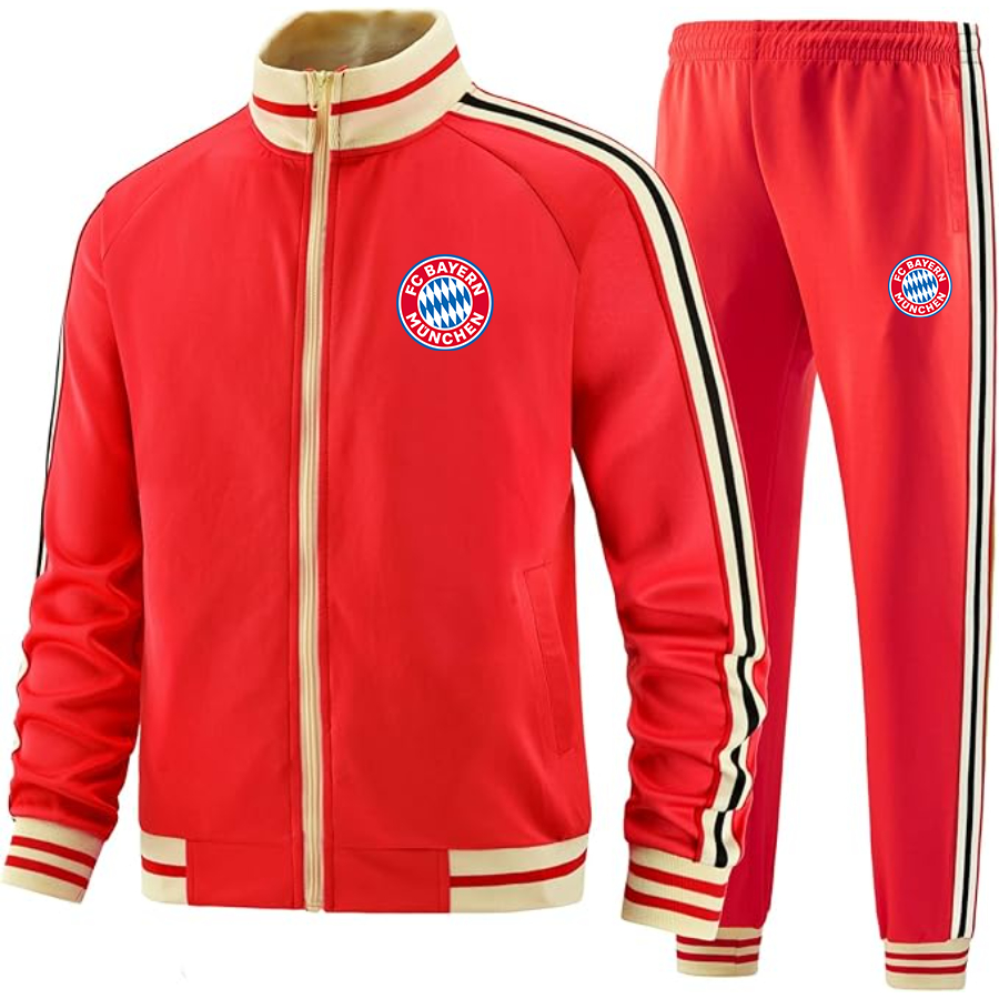 Men's FC Bayern Munich Premium Two-Piece Designer Tracksuit with Bold Striped Accents and Zippered Front Elevated Athletic Wear