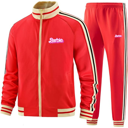 Men's Barbie Premium Two-Piece Designer Tracksuit with Bold Striped Accents and Zippered Front Elevated Athletic Wear