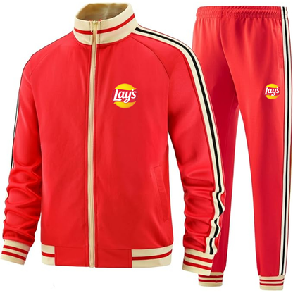 Men's Lays Premium Two-Piece Designer Tracksuit with Bold Striped Accents and Zippered Front Elevated Athletic Wear