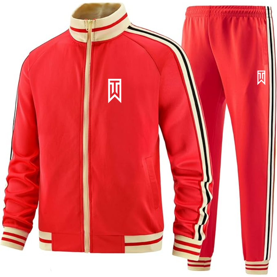 Men's Tiger Woods Premium Two-Piece Designer Tracksuit with Bold Striped Accents and Zippered Front Elevated Athletic Wear