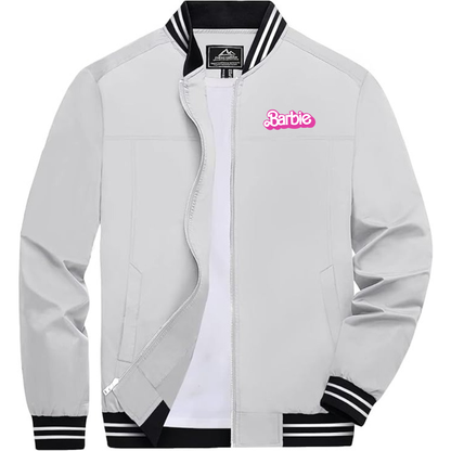 Men's Barbie Lightweight Zip-Up Bomber Jacket with Ribbed Collar and Cuffs Versatile Casual Outerwear