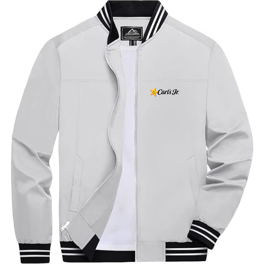 Men's Carl's Jr Lightweight Zip-Up Bomber Jacket with Ribbed Collar and Cuffs Versatile Casual Outerwear