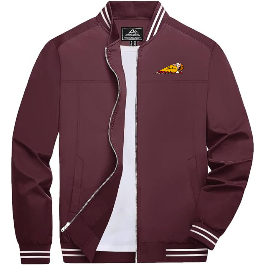 Men's Indian Motorcycle Lightweight Zip-Up Bomber Jacket with Ribbed Collar and Cuffs Versatile Casual Outerwear