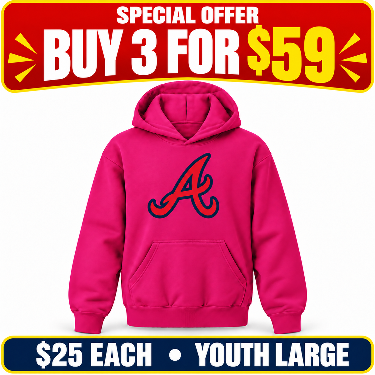 atlanta braves sale hot pink; Special offer: buy 3 for $59. $25 each. Youth Large.