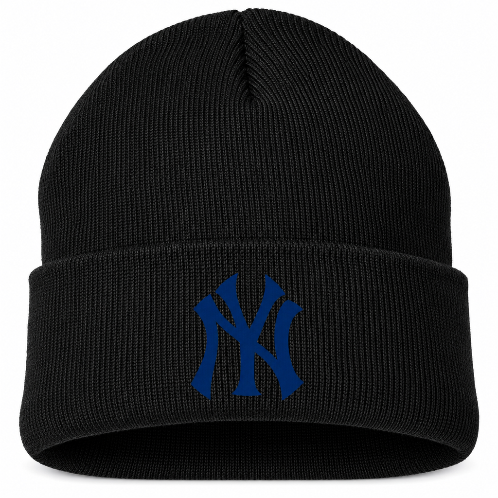 Black New York Yankees beanie hat - DTF print close-up