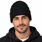 Black New York Yankees beanie hat - model wearing view