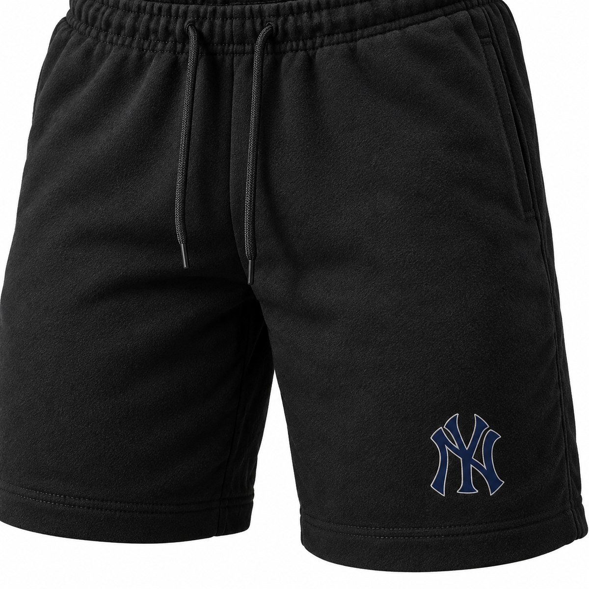 Black New York Yankees fleece shorts - DTF print close-up