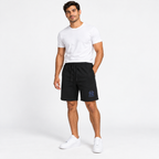 Black New York Yankees fleece shorts - model wearing view