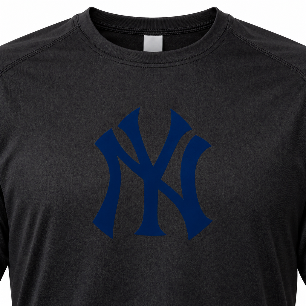 Black New York Yankees polyester T-shirt - DTF print close-up