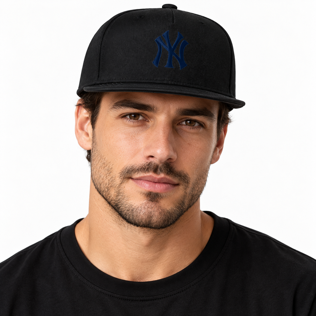 Black New York Yankees snapback hat - model wearing view