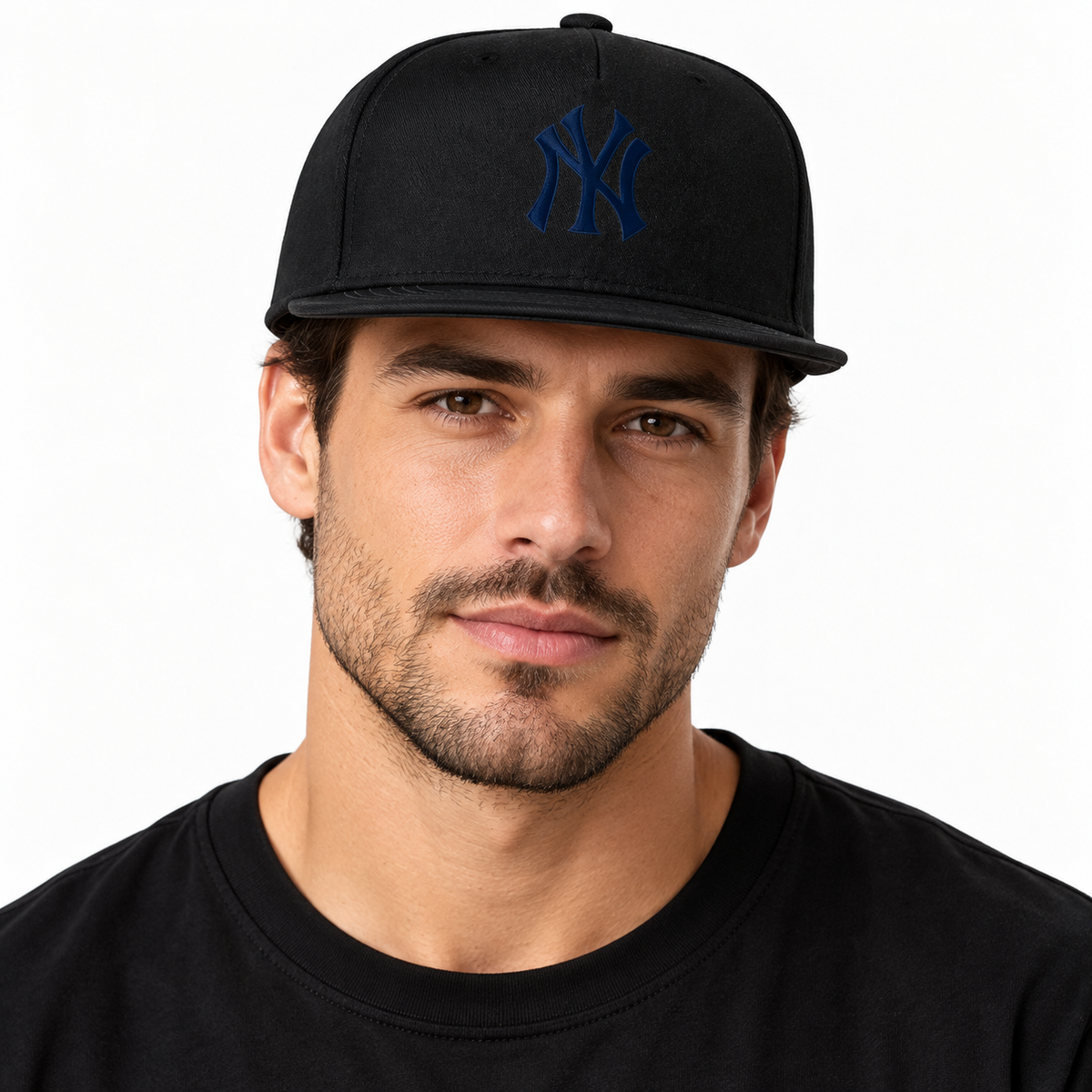 Black New York Yankees snapback hat - model wearing view