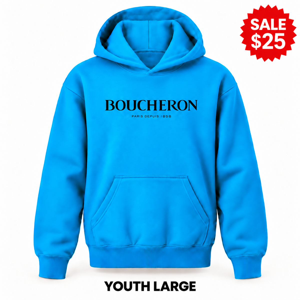Boucheron Turquoise sale youth hoodie, Youth Large, with original Boucheron design and $25 sale badge.