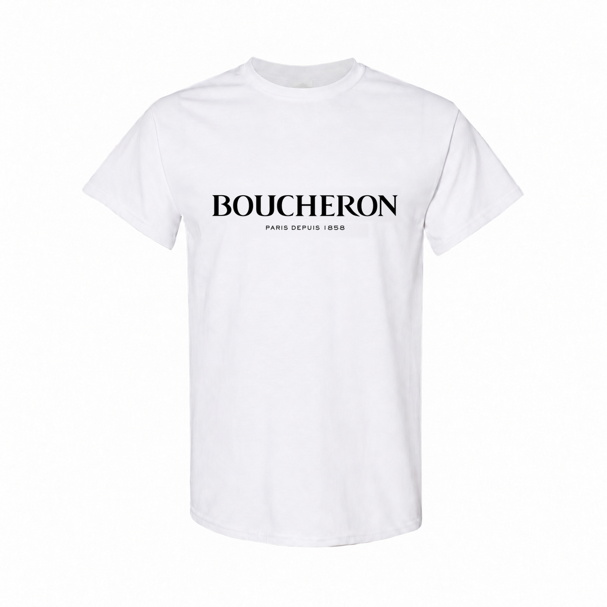 Boucheron White youth cotton T-shirt, front view, with the original Boucheron Paris Depuis 1858 design.