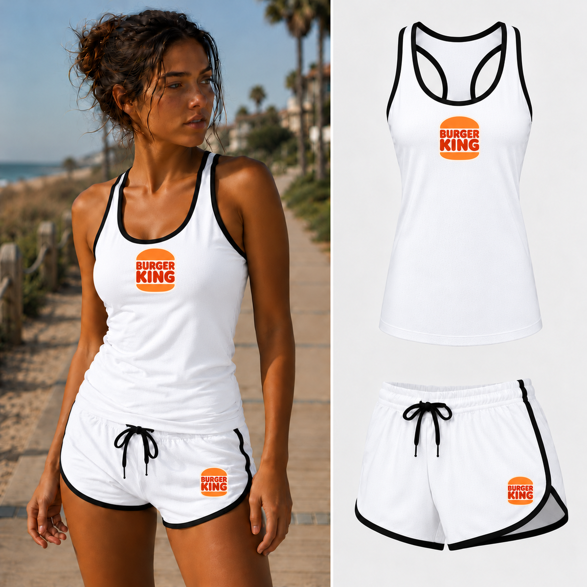 Women's Burger King tank top and shorts set, White
