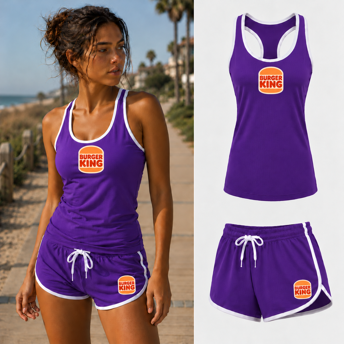 Women's Burger King tank top and shorts set, Purple