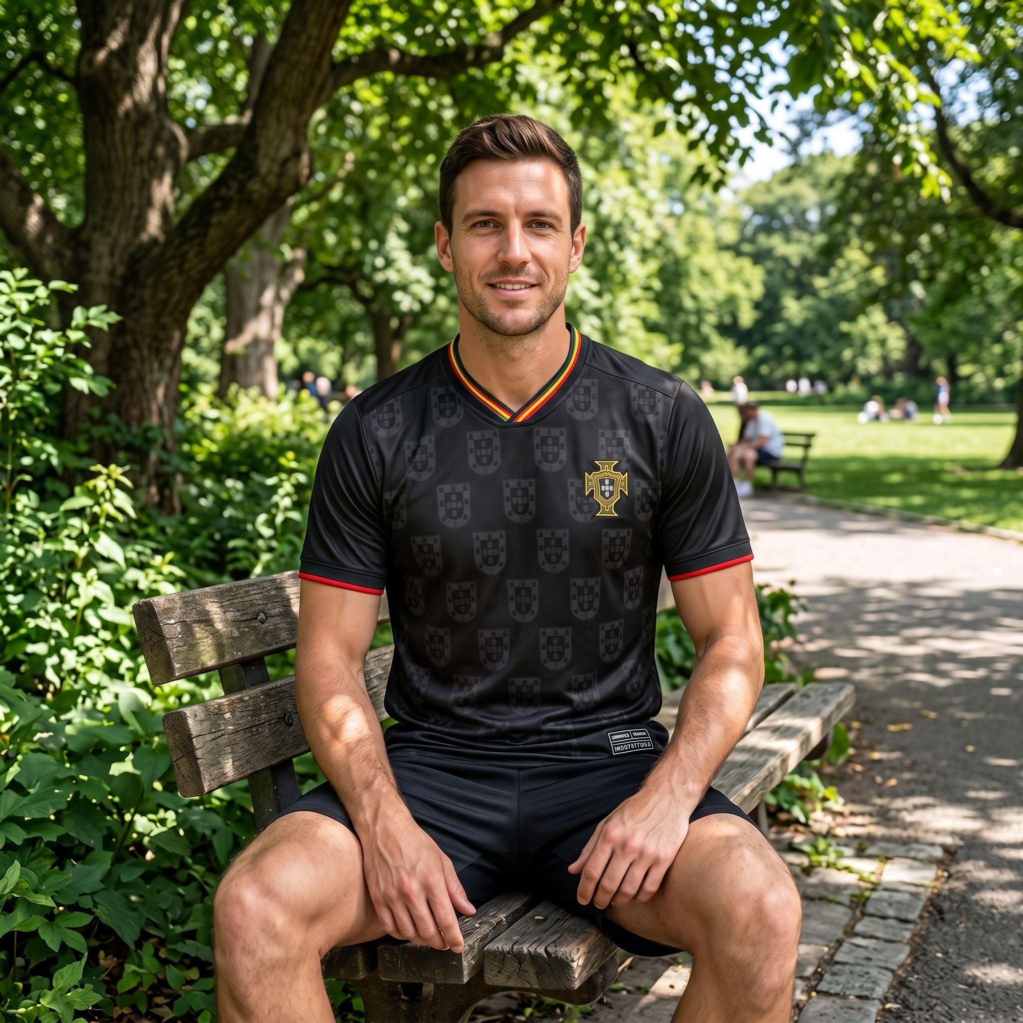 Relaxed model seated on wooden bench in park wearing Portugal jersey, highlighting comfort, modern fit, and vibrant colors.