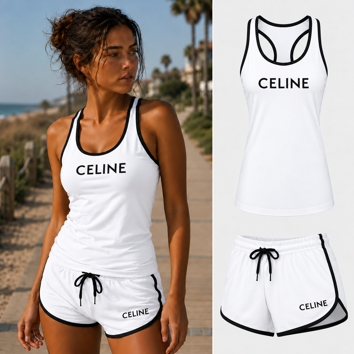 Women's Celine tank top and shorts set in White
