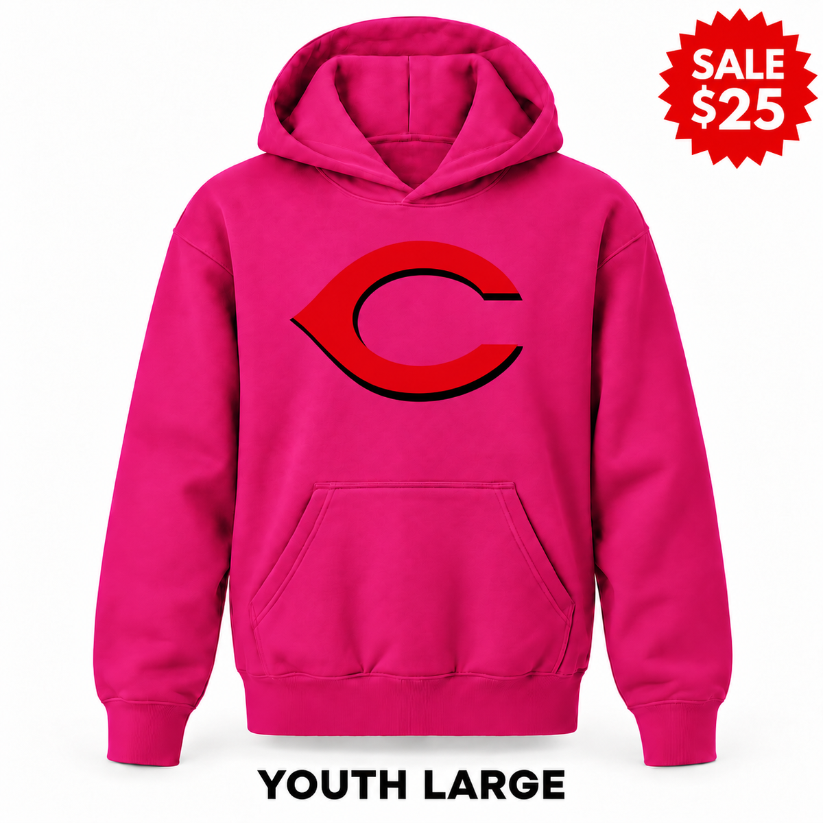 Cincinnati Reds Hot Pink sale youth pullover hoodie with original design, YOUTH LARGE label and SALE $25 badge.
