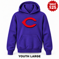 Cincinnati Reds Purple sale youth pullover hoodie with original design, YOUTH LARGE label and SALE $25 badge.