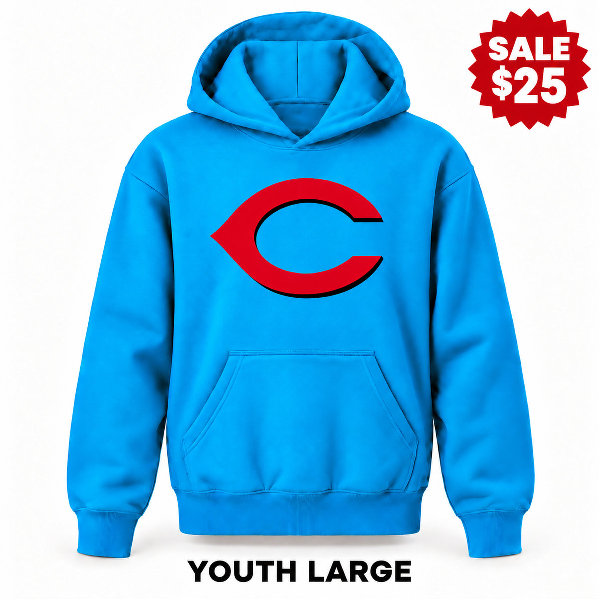Cincinnati Reds Turquoise sale youth pullover hoodie with original design, YOUTH LARGE label and SALE $25 badge.
