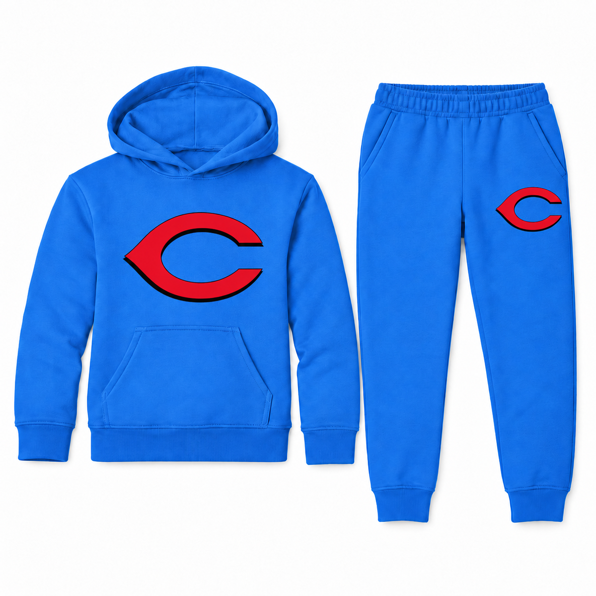 Youth Cincinnati Reds hoodie jogger set in Blue with red C and black shadow on chest and upper leg