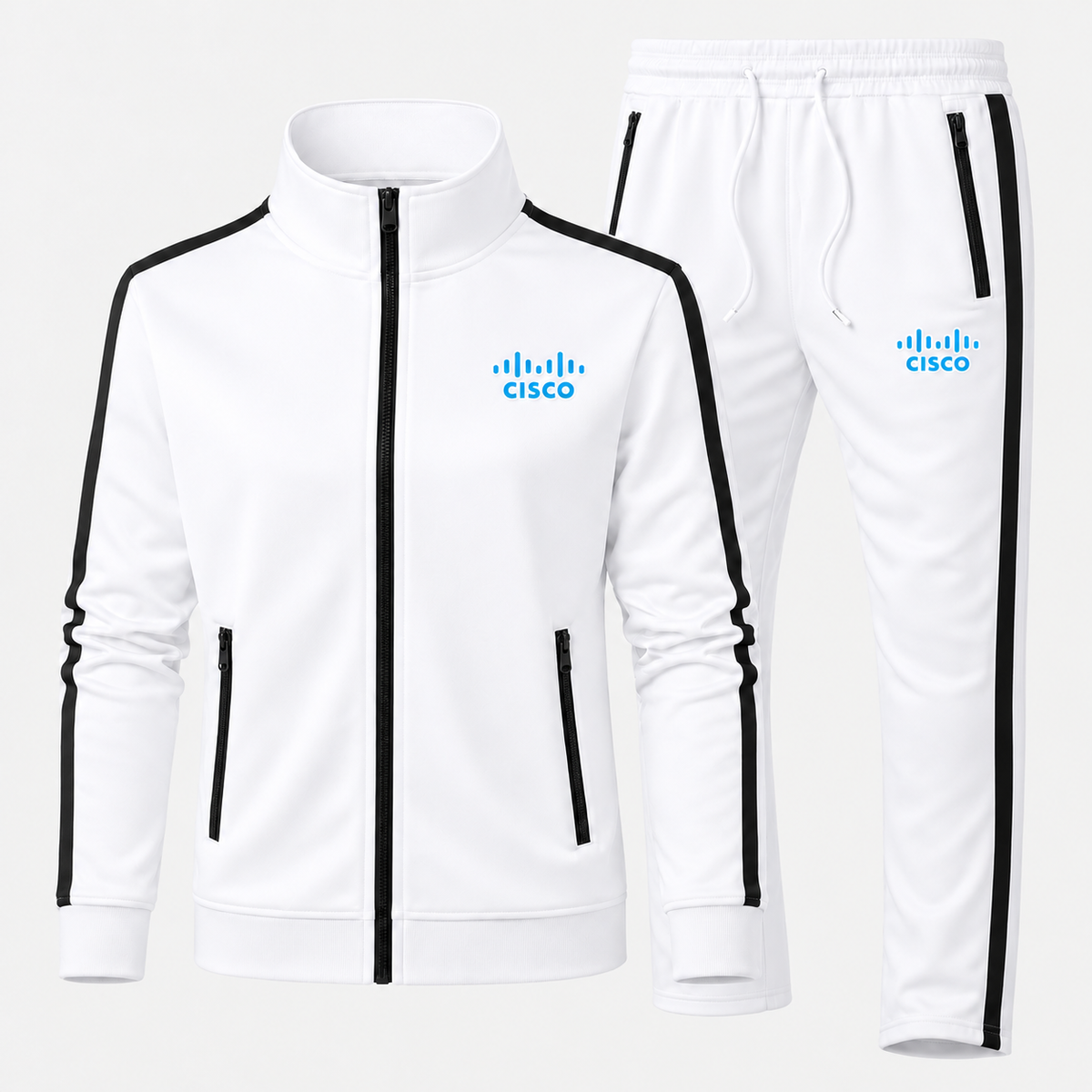 Cisco Dri-Fit Tracksuit in White, updated style with contrast zippered pockets